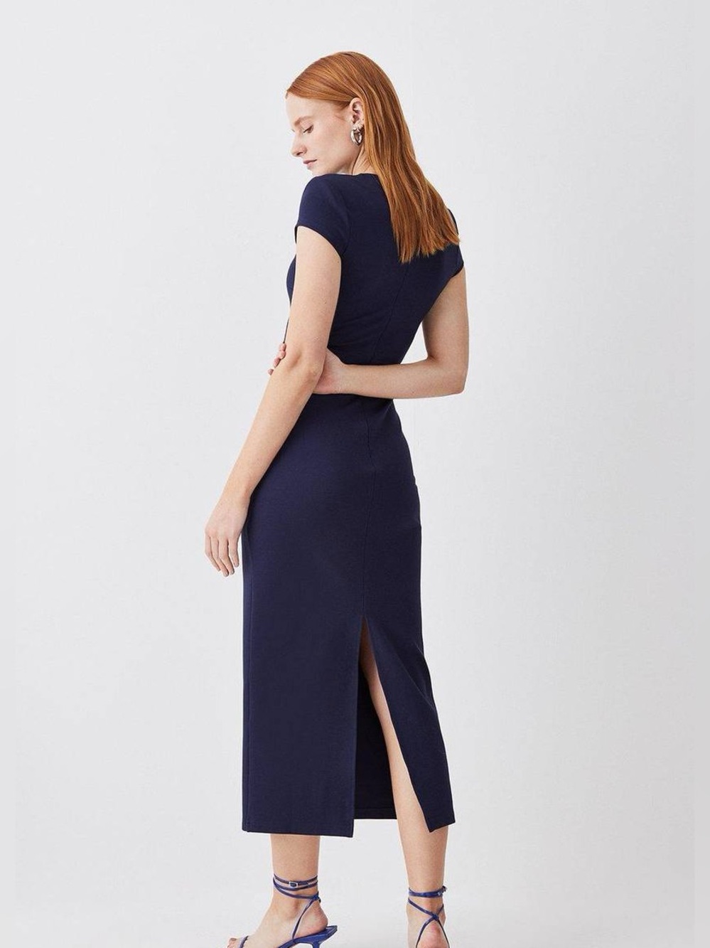 Karen Millen Ponte Stud Detail Cut Out Pencil Midi Navy Dress 2